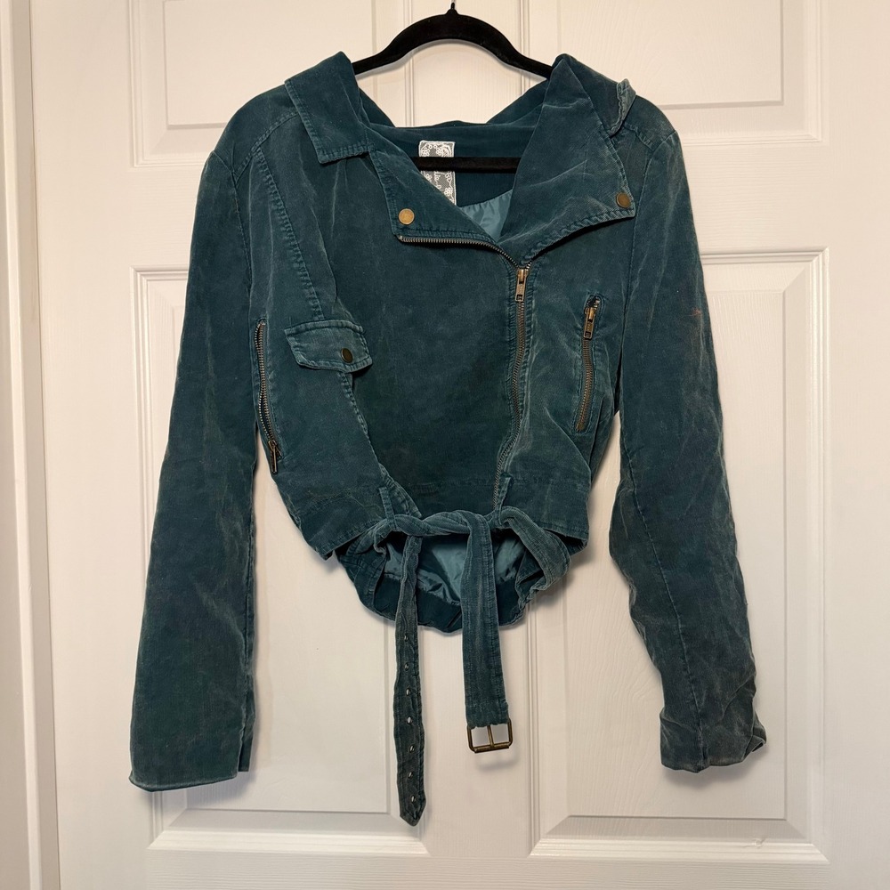 Corduroy Moto Jacket Teal Blue Large Cropped Boho Festival Casual